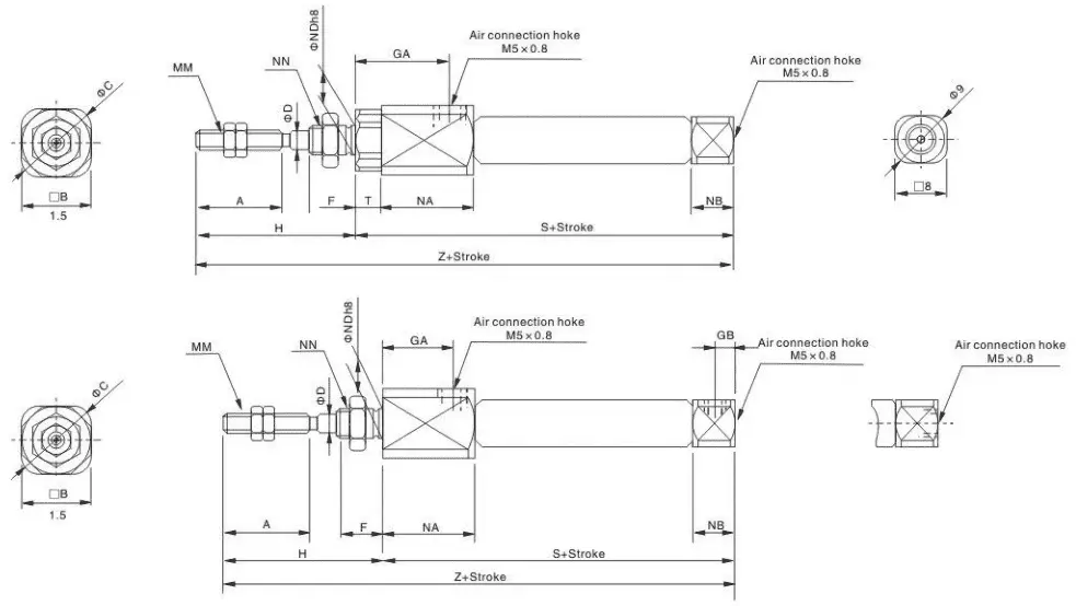 cj2 mini pneumatic cylinder dimension