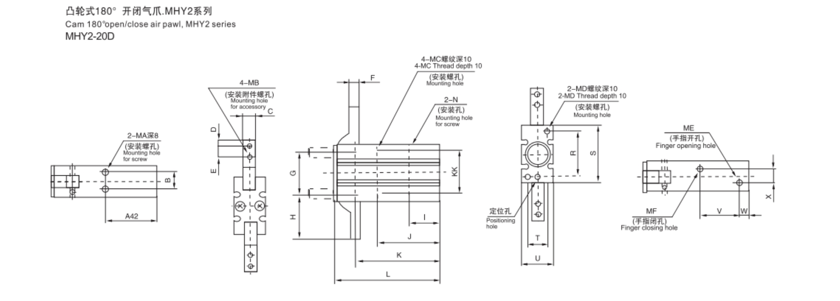 over dimensions of MHY2 Series Pneumatic Gripper