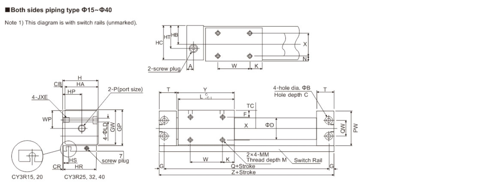 Dimension (mm) for CY3R Rodless Pneumatic Cylinder