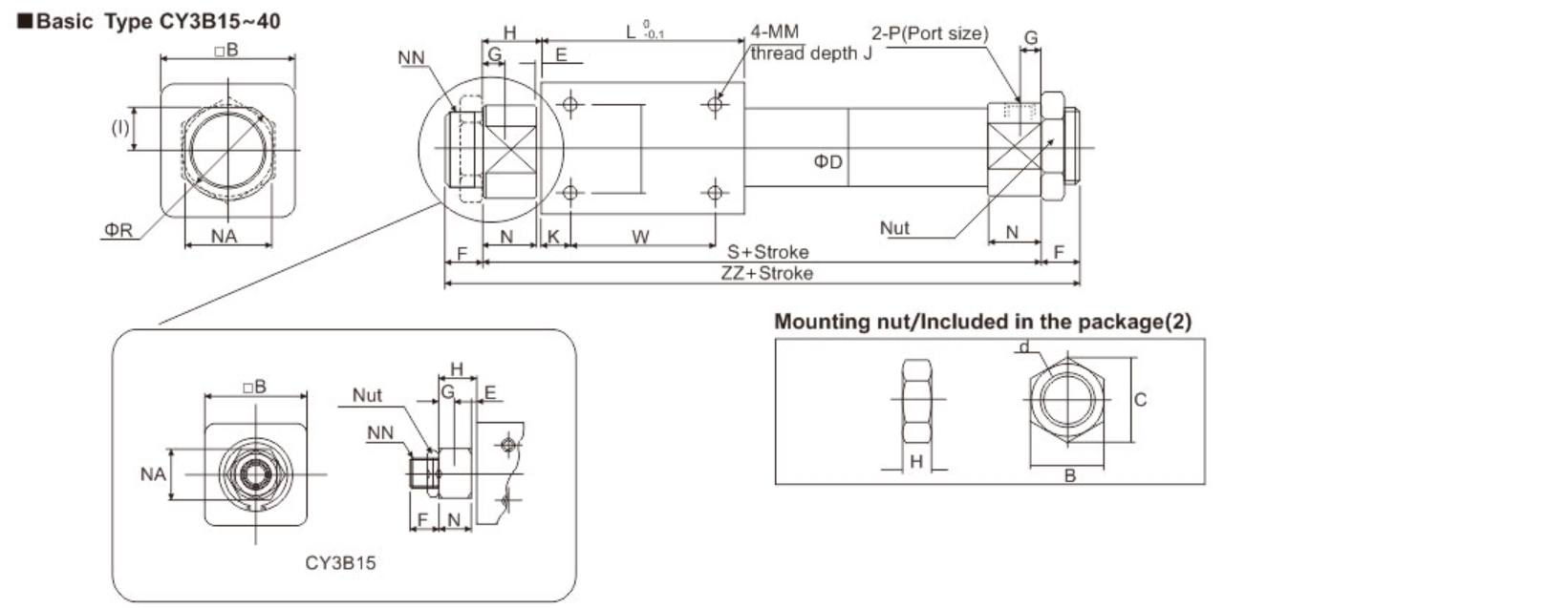 Dimension(mm) for CY3B Rodless Pneumatic Cylinder